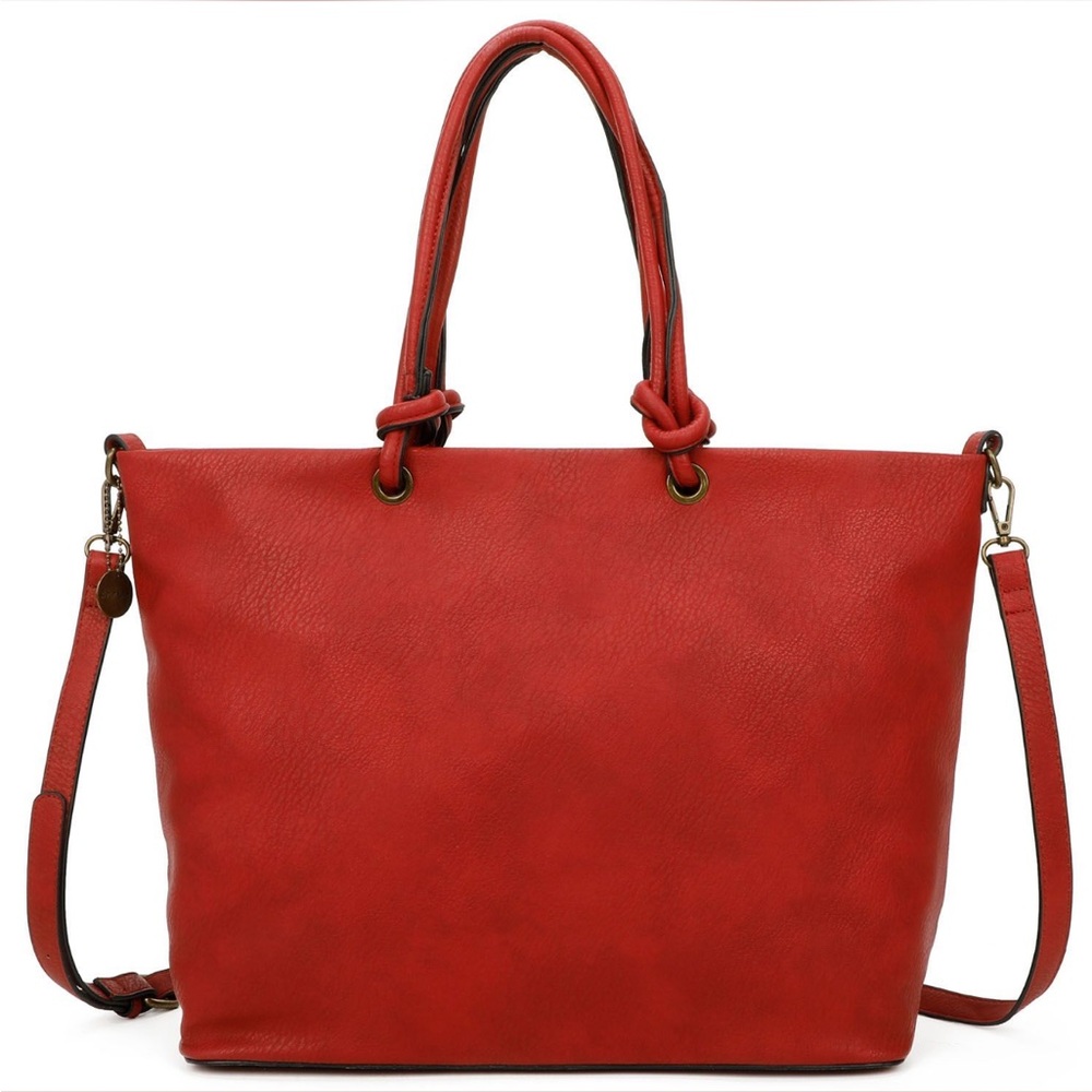 Vibrant Red Leather Tote with Gold Accents
